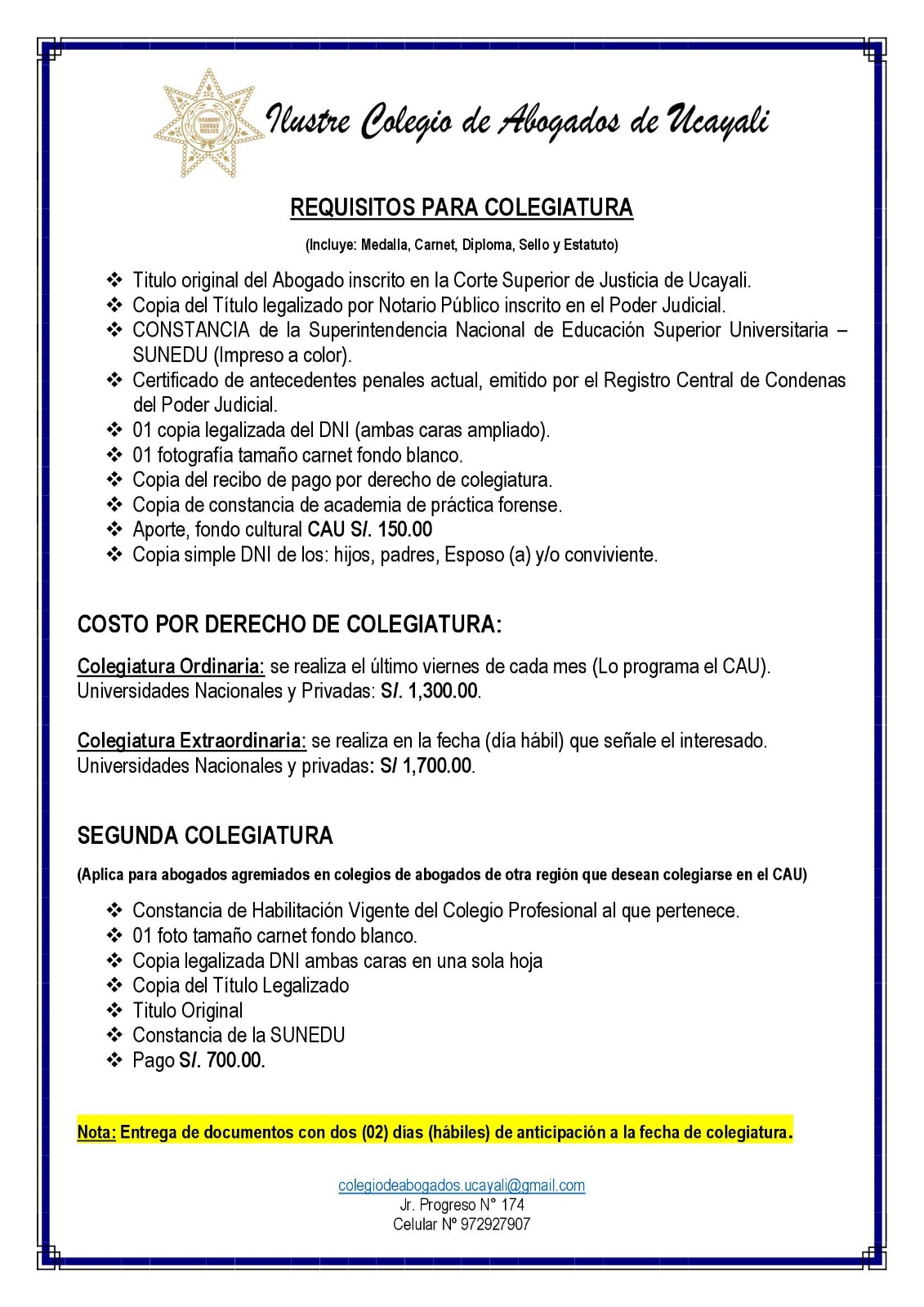 Documento original con los requisitos para colegiatura
